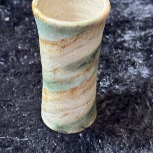 Pottery Ceramic Tumbler  Vase  Mini 4.5" Green & Brown Swirls Stamped Signed